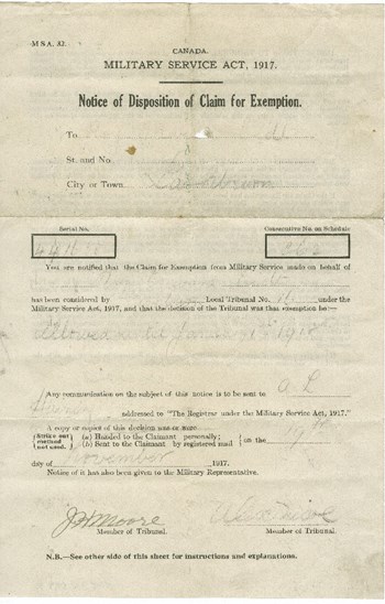 Notice of Disposition of Claim for Exemption, front, 1917